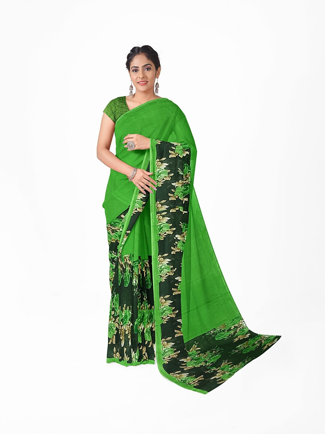

Florence Green & Black Floral Pure Georgette Fusion Dharmavaram Saree