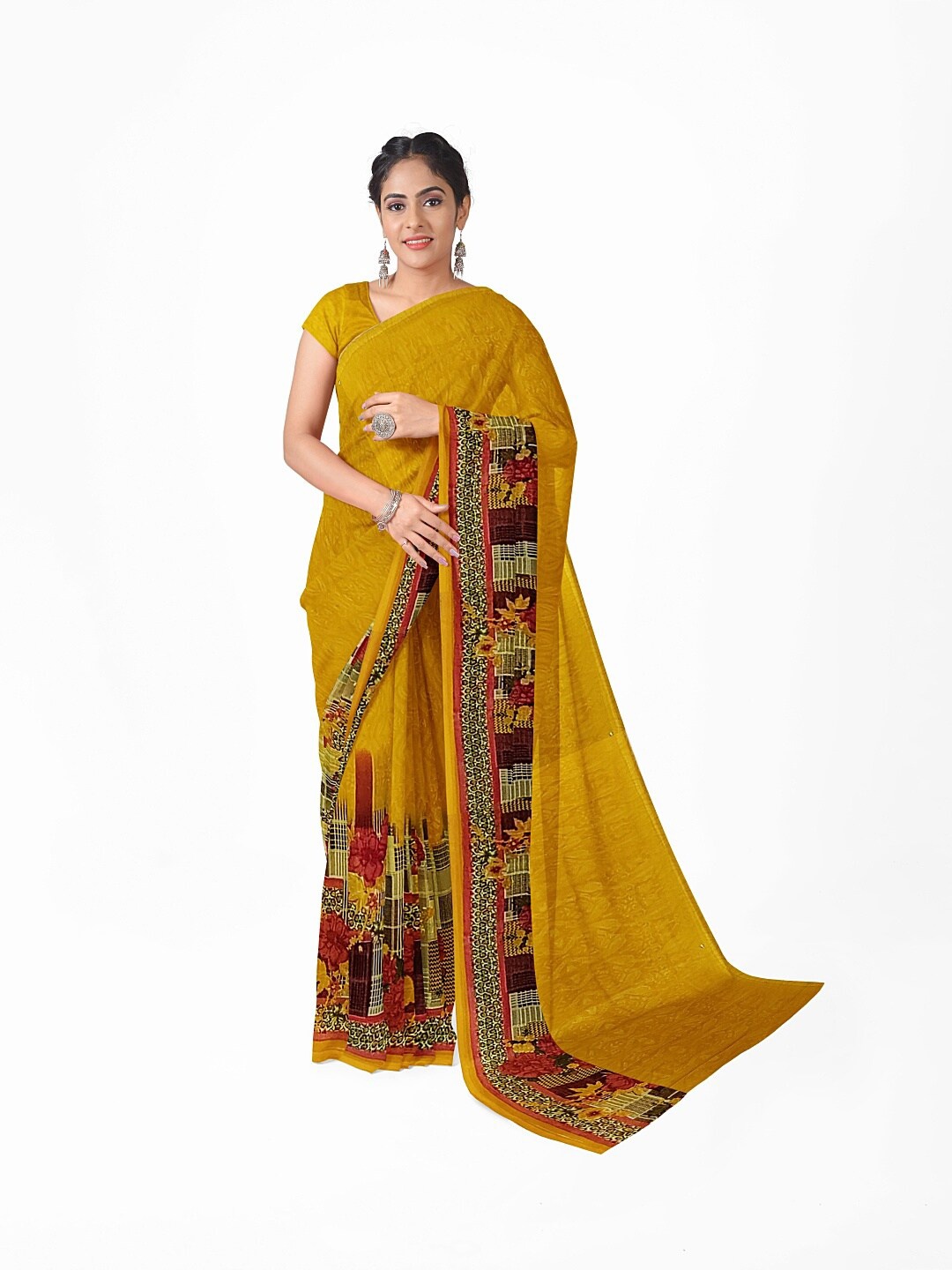 

Florence Yellow & Green Floral Pure Georgette Fusion Dharmavaram Saree