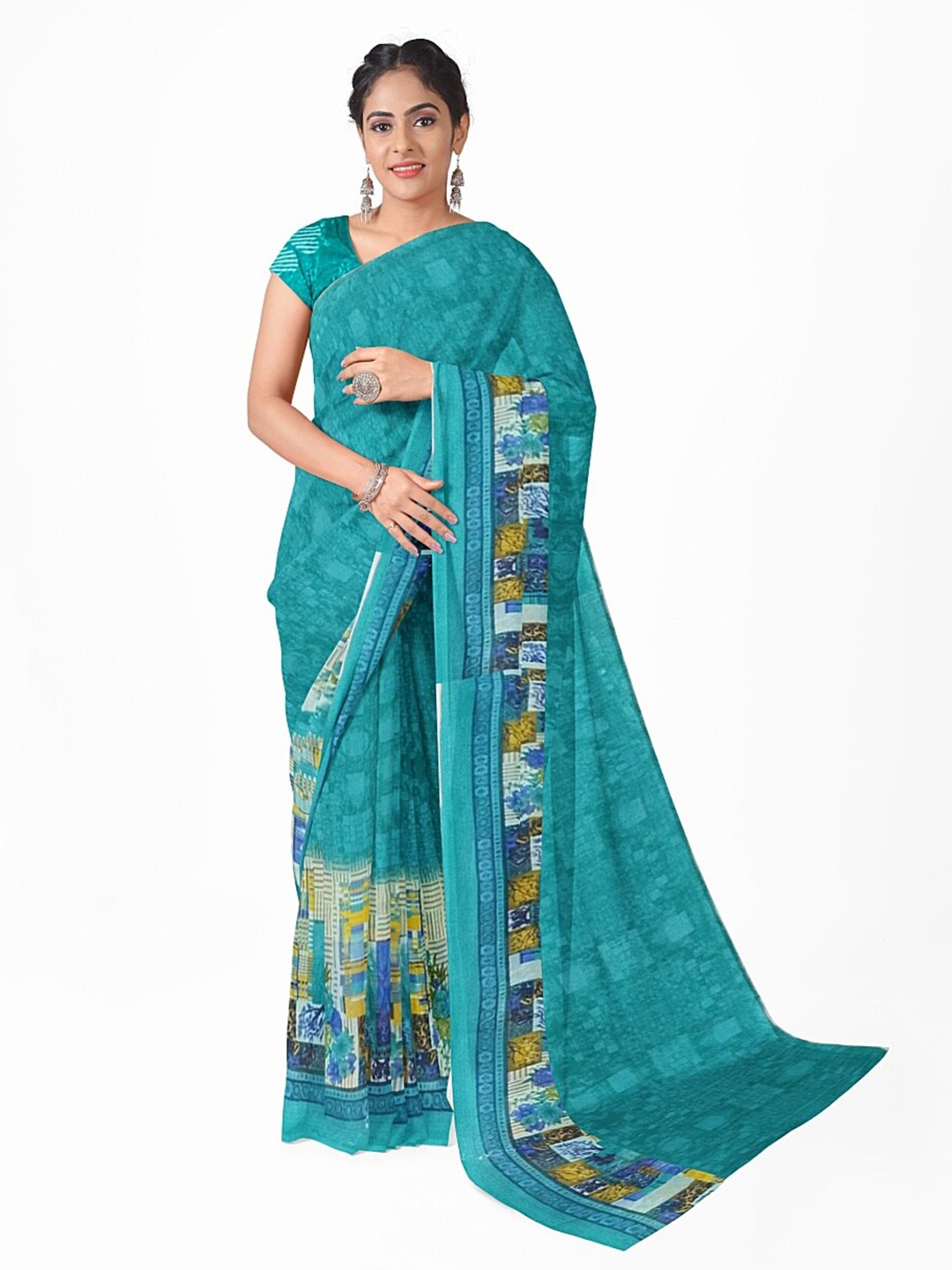 Florence Turquoise Blue Floral Pure Georgette Dharmavaram Saree