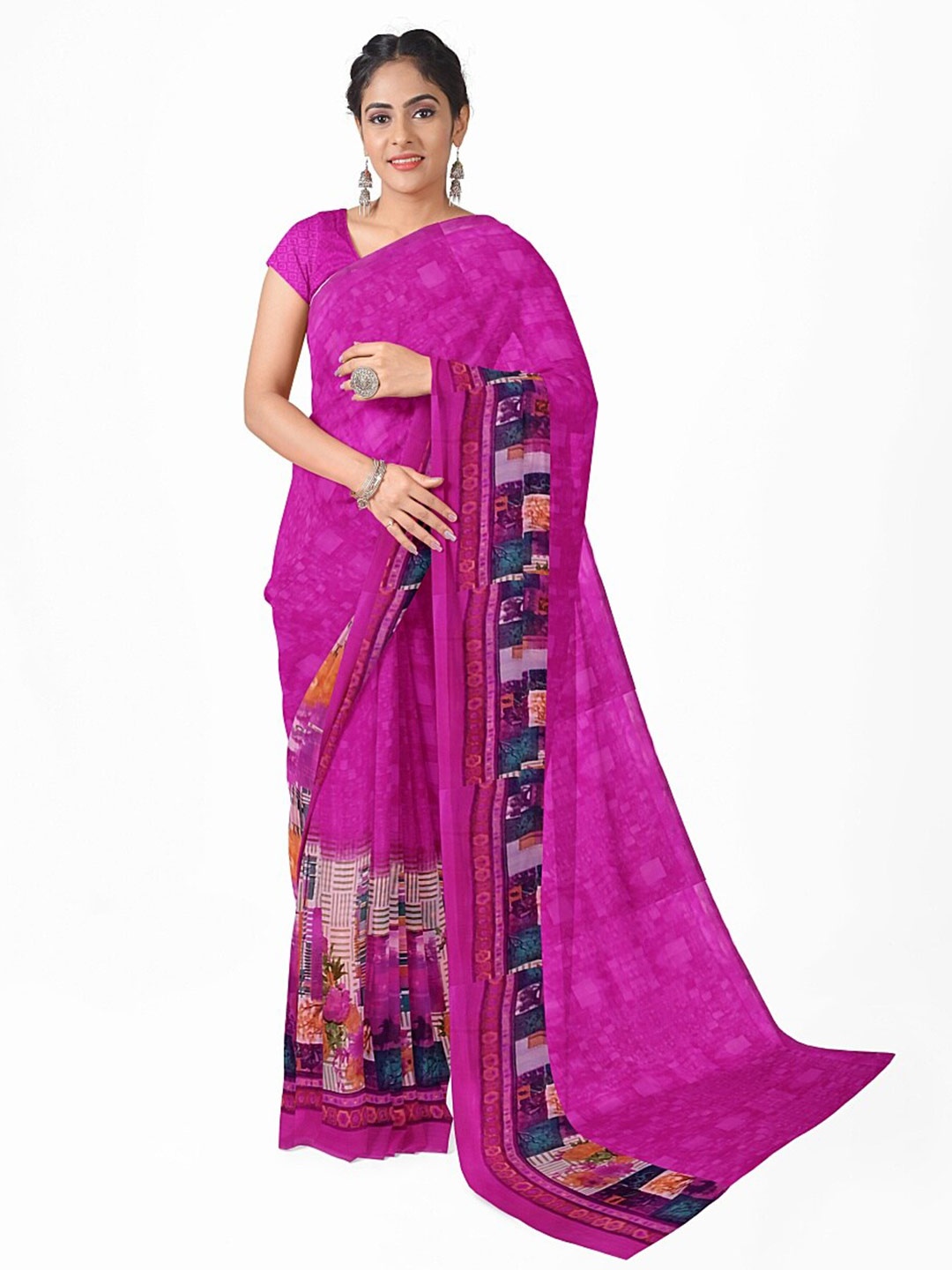 

Florence Pink & Orange Floral Pure Georgette Fusion Dharmavaram Saree
