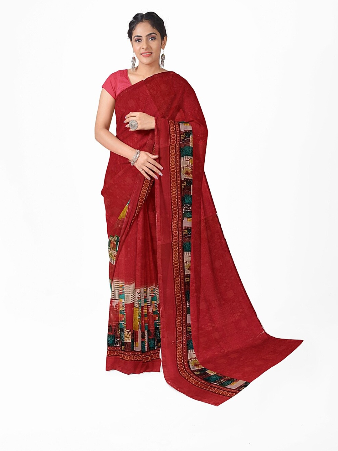 

Florence Peach-Coloured & Printed Pure Georgette Dharmavaram Saree