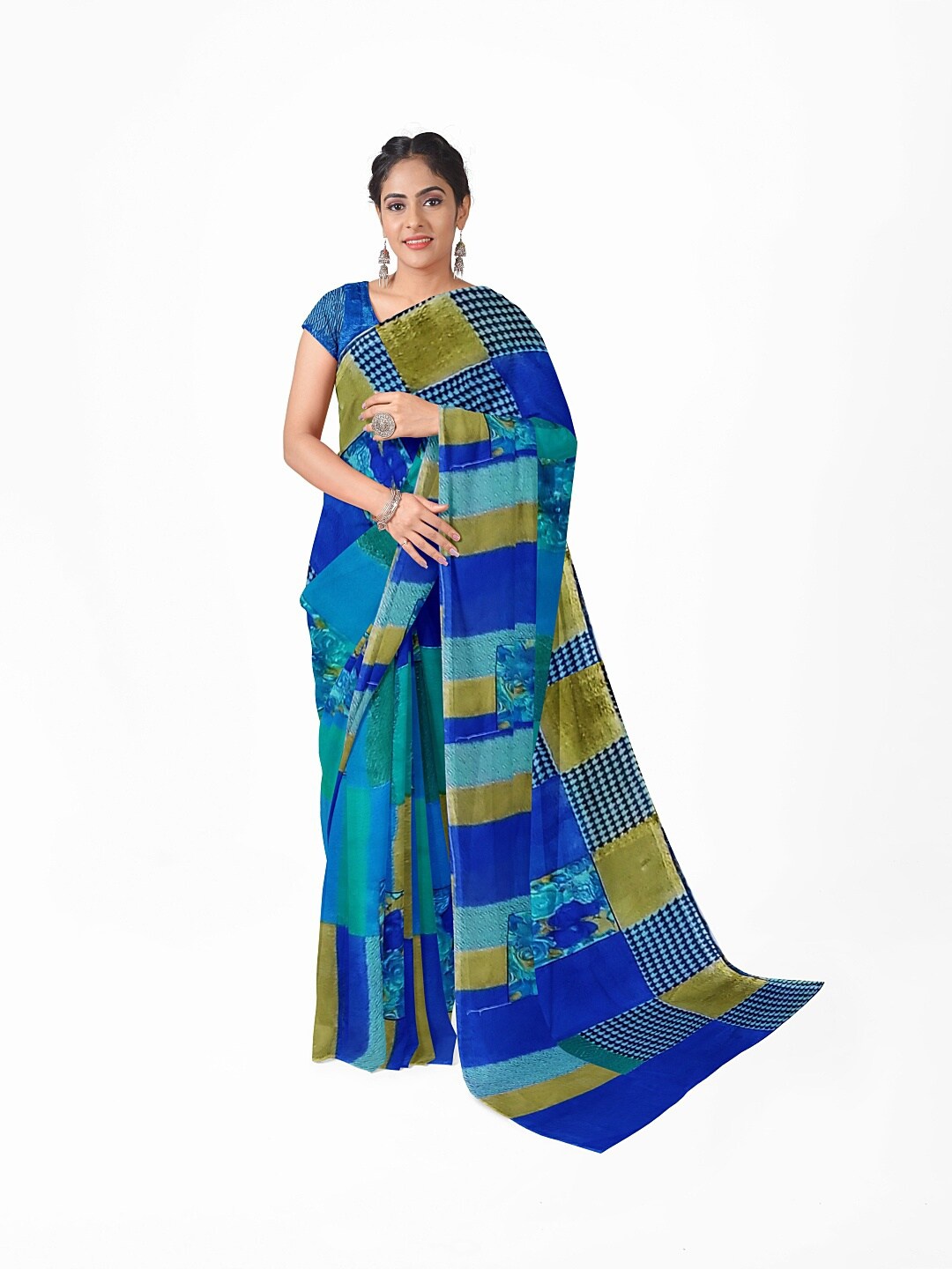 

Florence Blue & Olive Green Ethnic Motifs Pure Georgette Dharmavaram Saree