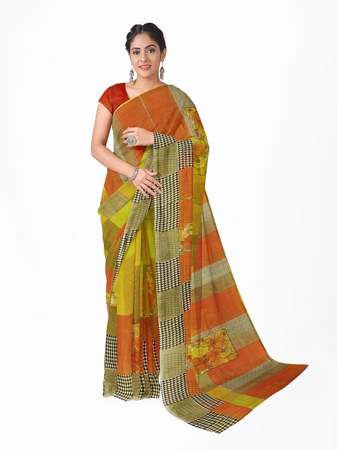 

Florence Yellow & Green Ethnic Motifs Pure Georgette Fusion Dharmavaram Saree