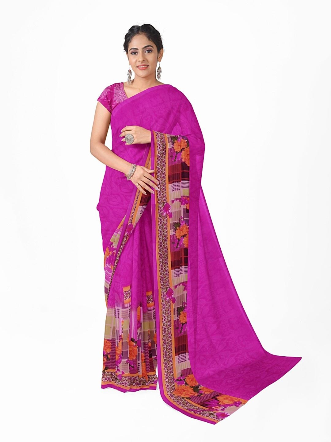

KALINI Pink & Orange Floral Pure Georgette Fusion Dharmavaram Saree