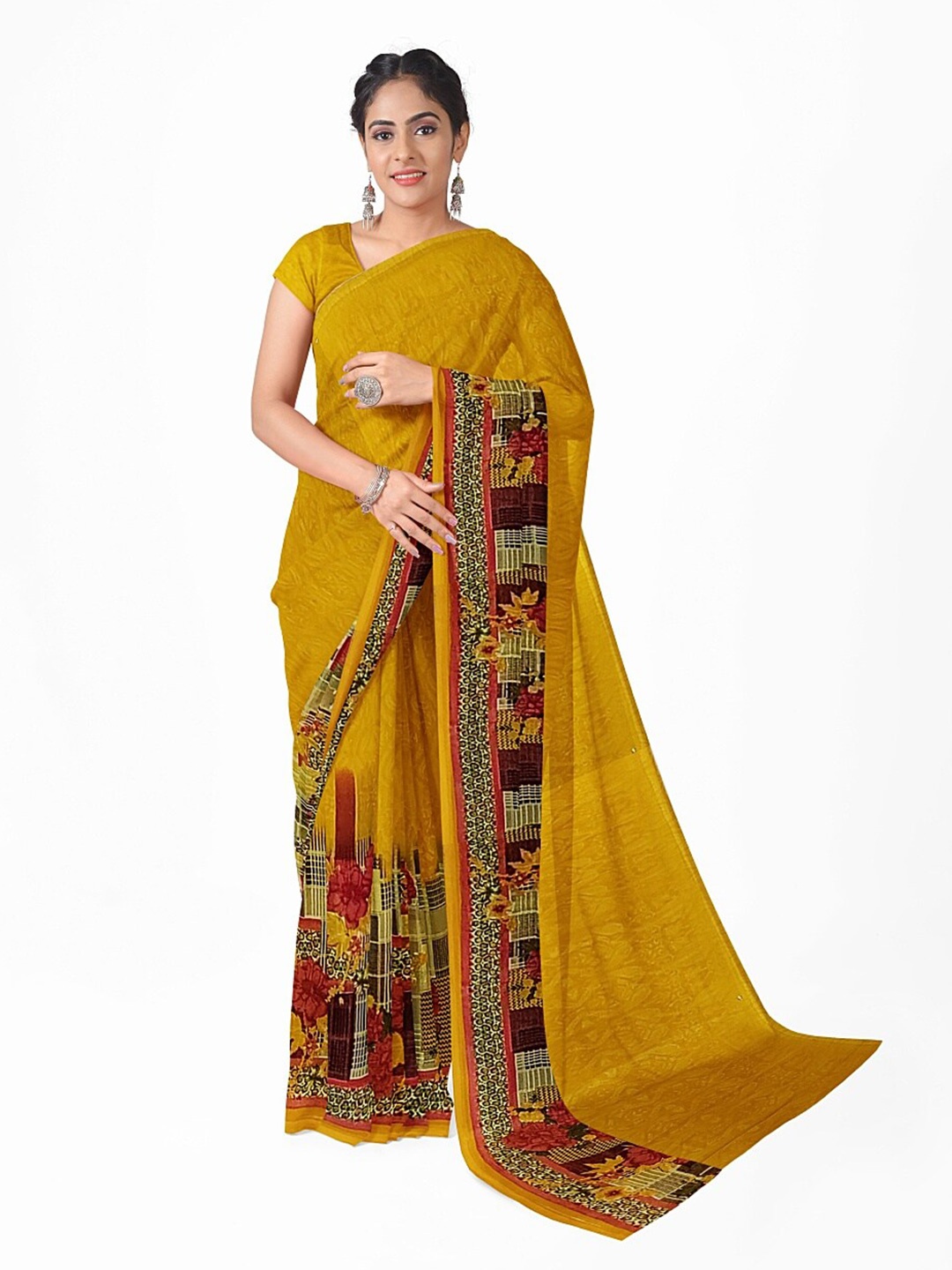 KALINI Yellow & Pink Floral Pure Georgette Fusion Dharmavaram Saree