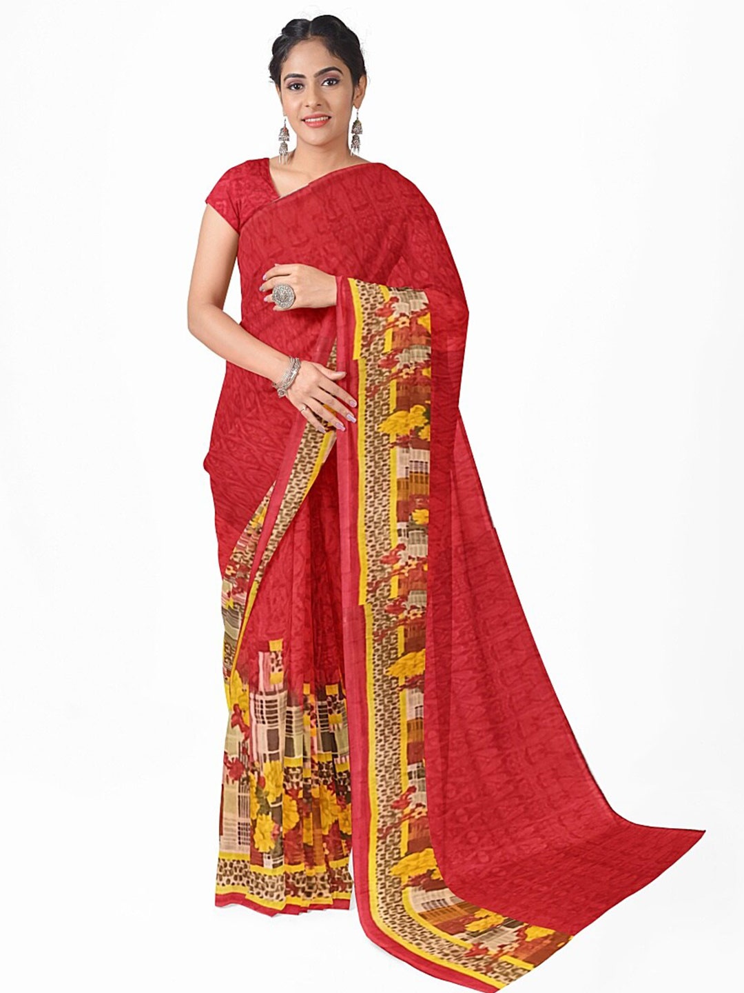 

KALINI Red & Yellow Floral Pure Georgette Fusion Dharmavaram Saree