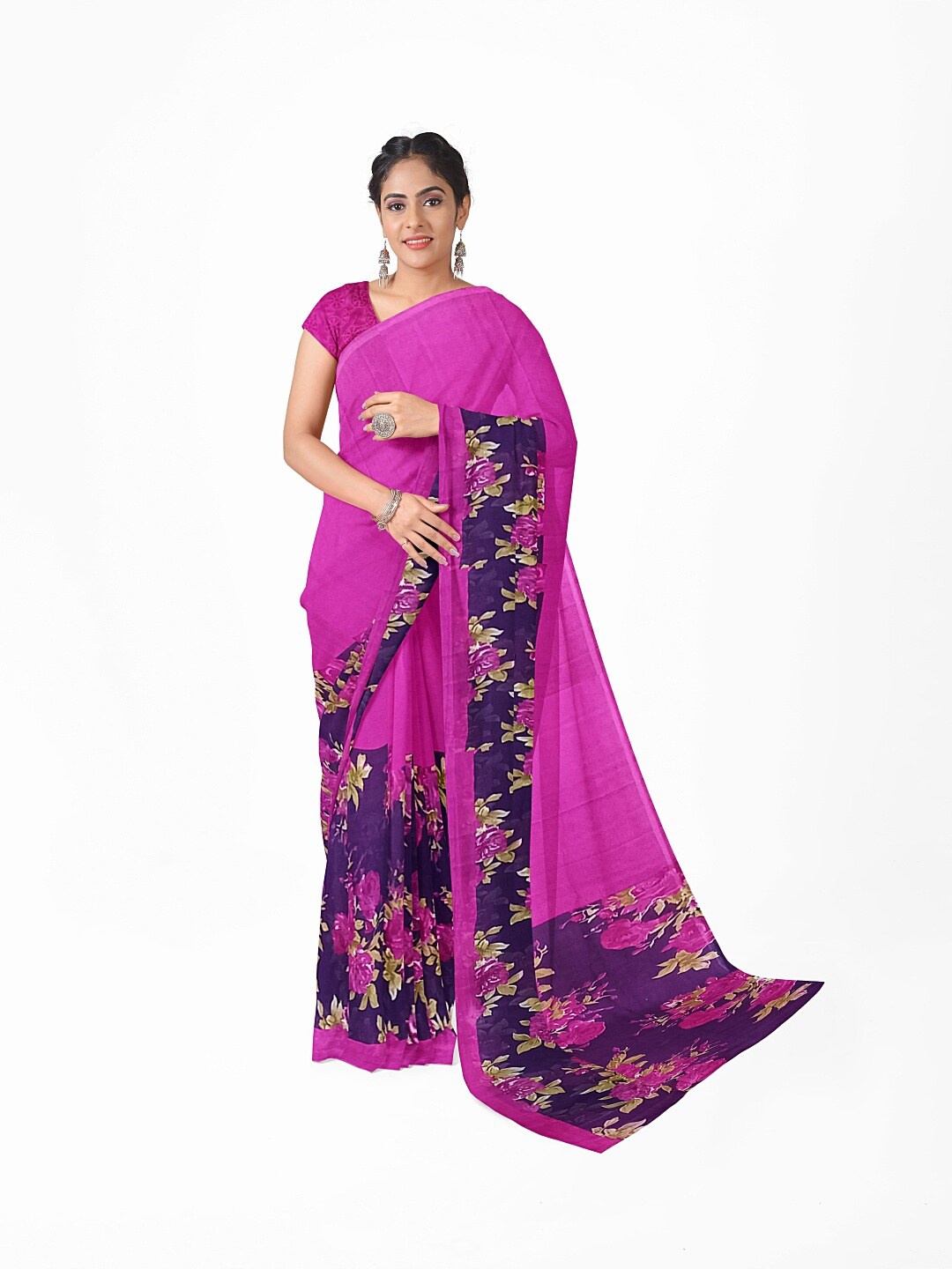 

KALINI Pink & Blue Floral Pure Georgette Saree