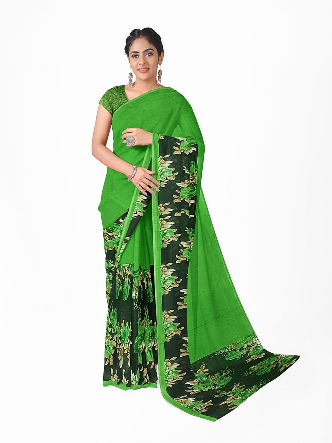 KALINI Green Floral Pure Georgette Saree