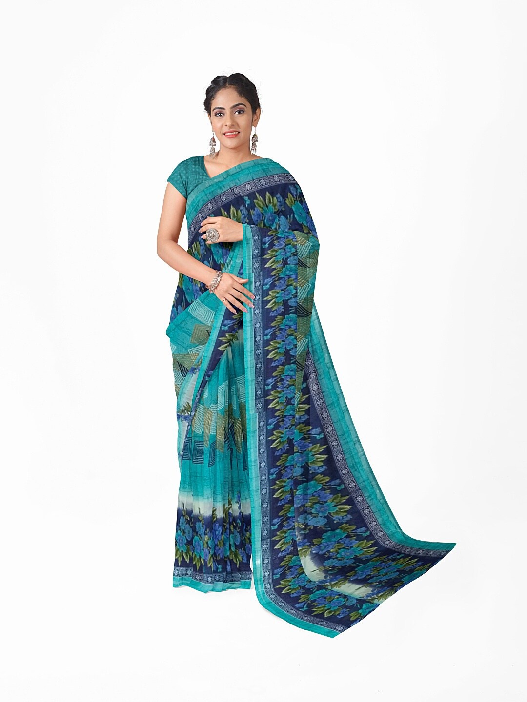 

KALINI Green & Navy Blue Floral Pure Georgette Saree