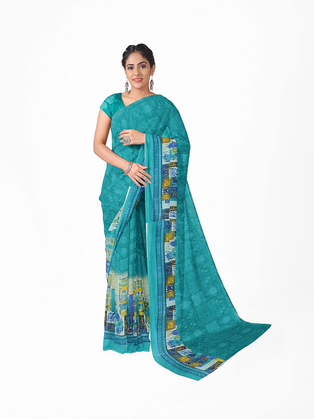 

KALINI Green & Blue Floral Pure Georgette Fusion Dharmavaram Saree