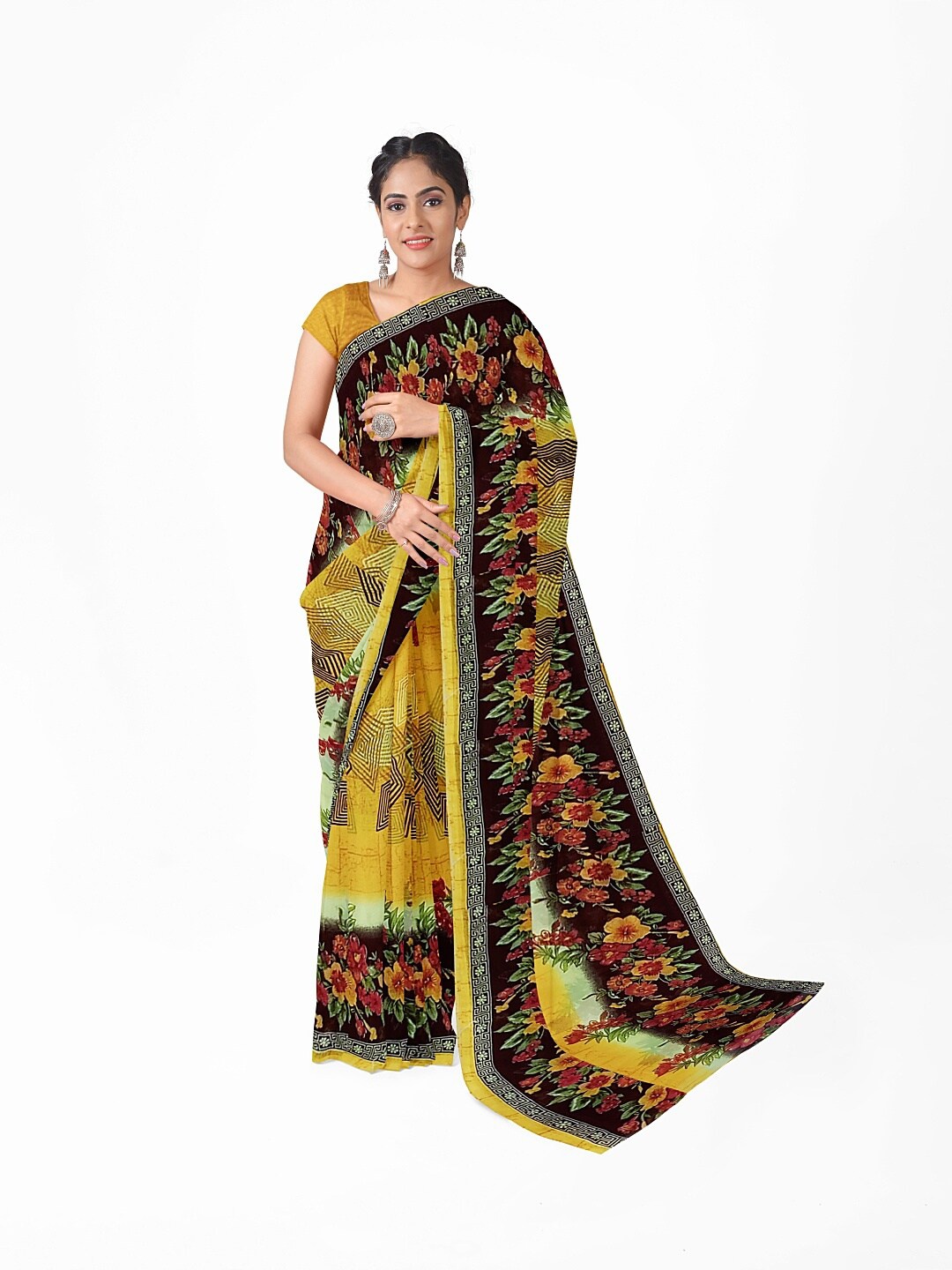 KALINI Yellow & Green Floral Pure Georgette Saree