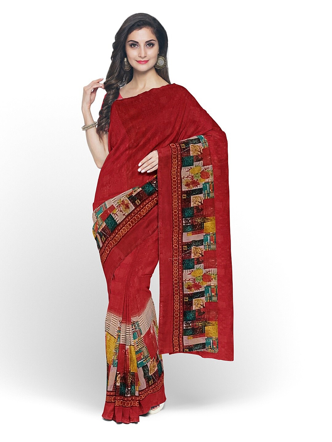 

KALINI Peach-Coloured & Green Floral Pure Georgette Fusion Dharmavaram Saree
