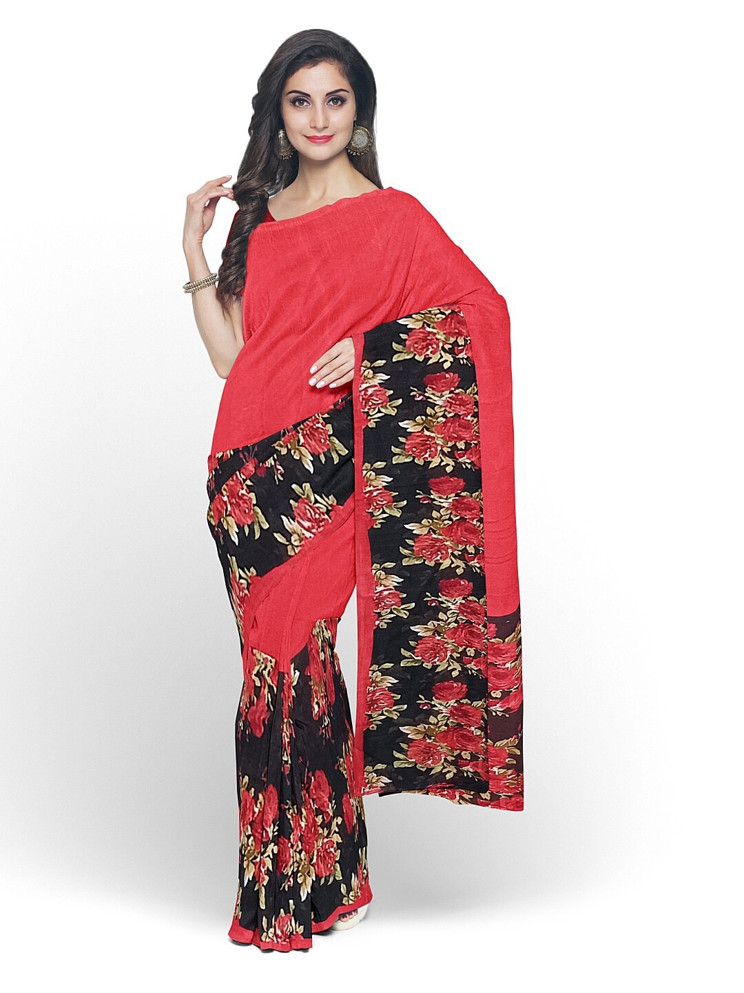 KALINI Red & Black Floral Pure Georgette Fusion Dharmavaram Saree