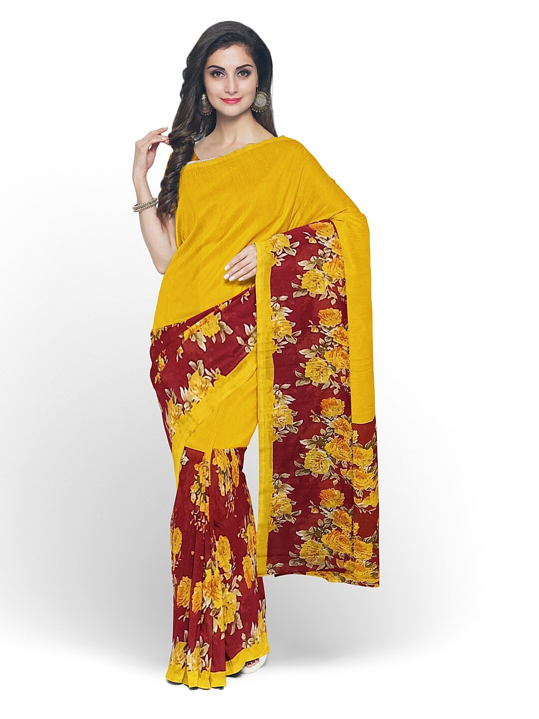 

KALINI Yellow & Maroon Floral Pure Georgette Fusion Dharmavaram Saree