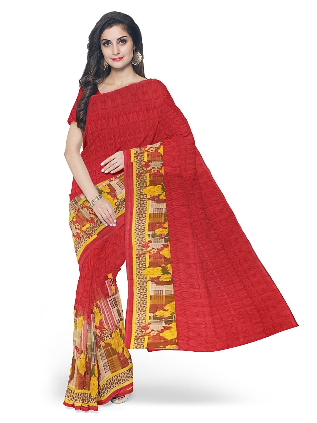 

KALINI Red & Yellow Floral Pure Georgette Fusion Dharmavaram Saree