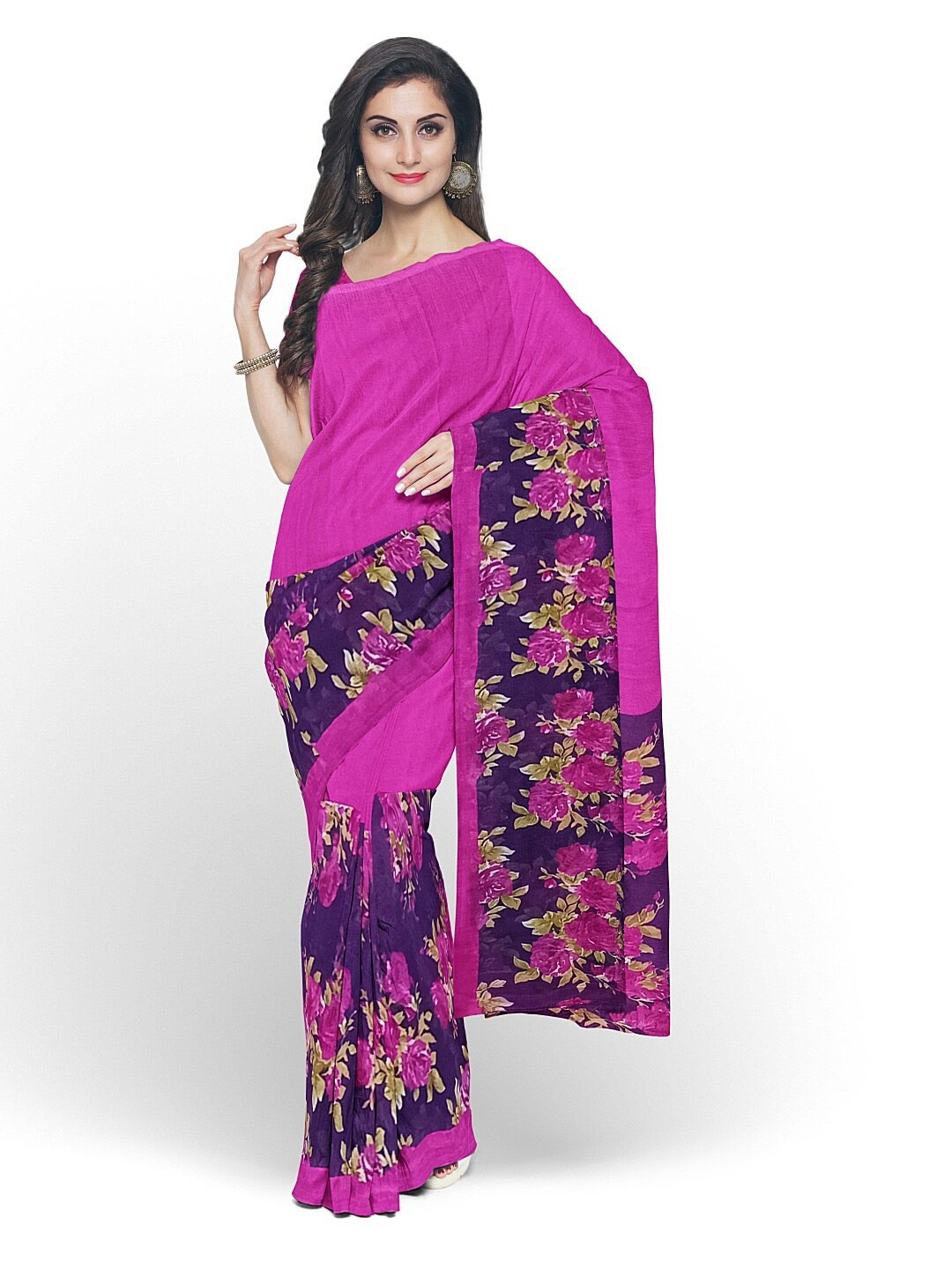 

KALINI Pink & Purple Floral Pure Georgette Fusion Dharmavaram Saree