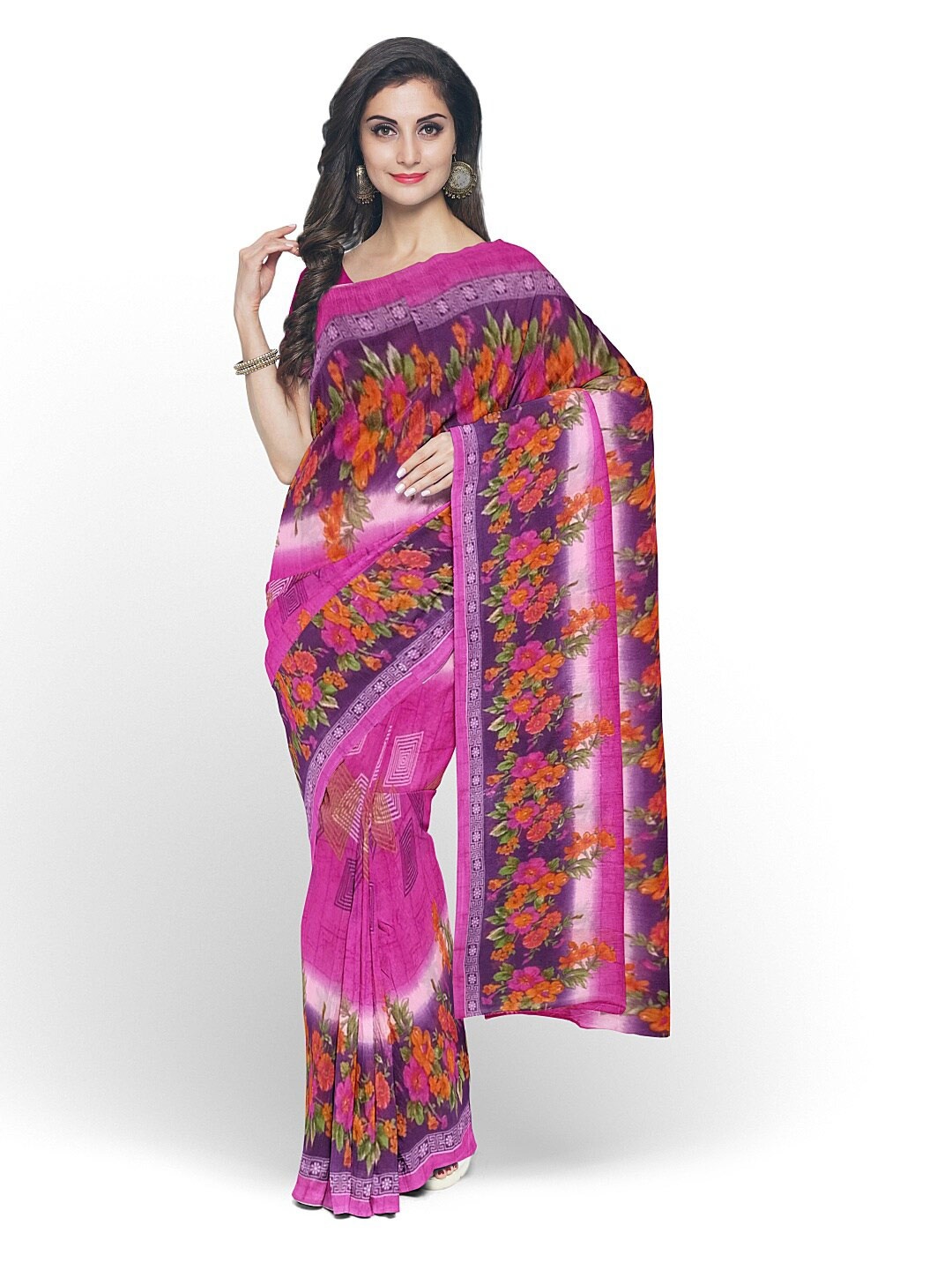 

KALINI Pink & Red Floral Pure Georgette Fusion Dharmavaram Saree