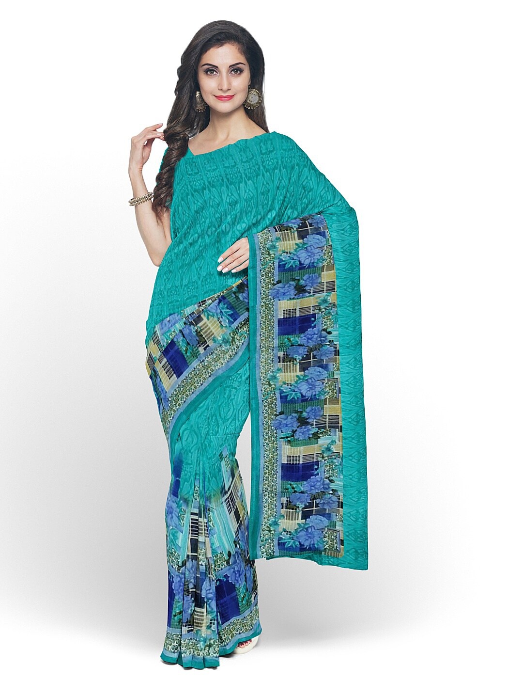 

KALINI Teal Floral Pure Georgette Fusion Dharmavaram Saree
