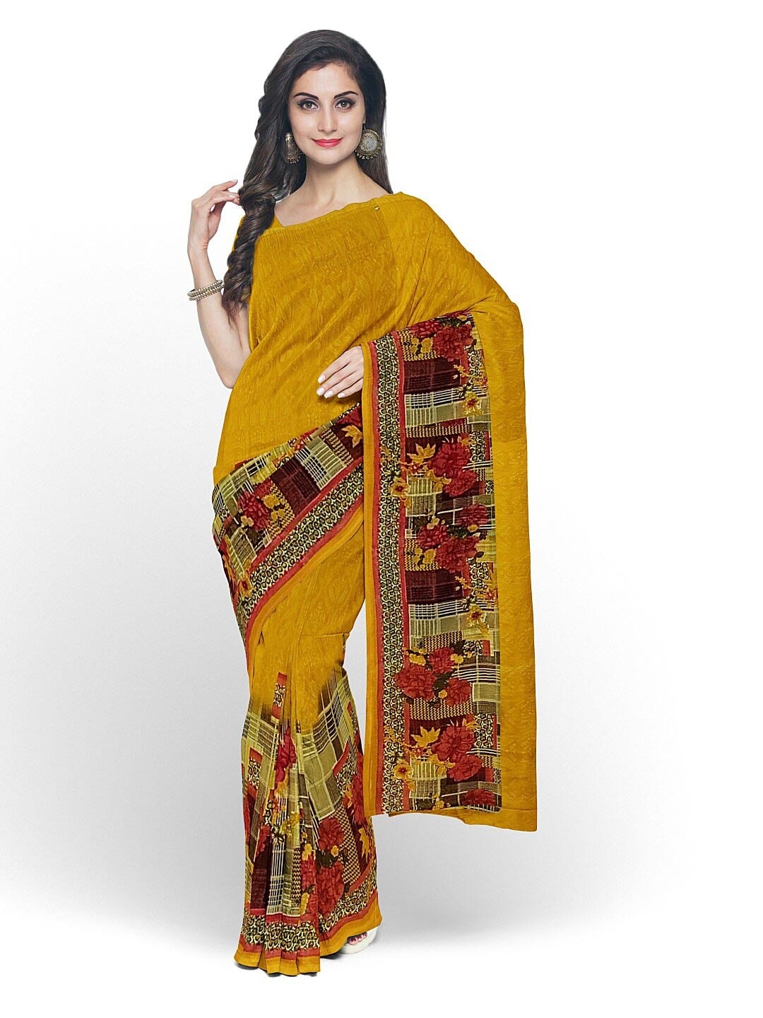 

KALINI Yellow & Red Floral Pure Georgette Fusion Dharmavaram Saree