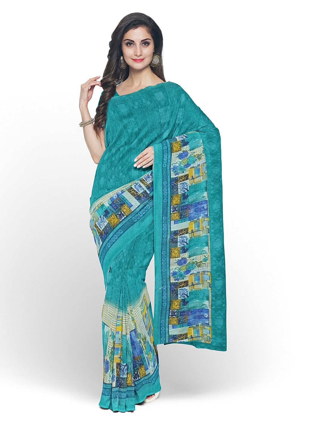

Florence Green & Yellow Pure Georgette Fusion Dharmavaram Saree