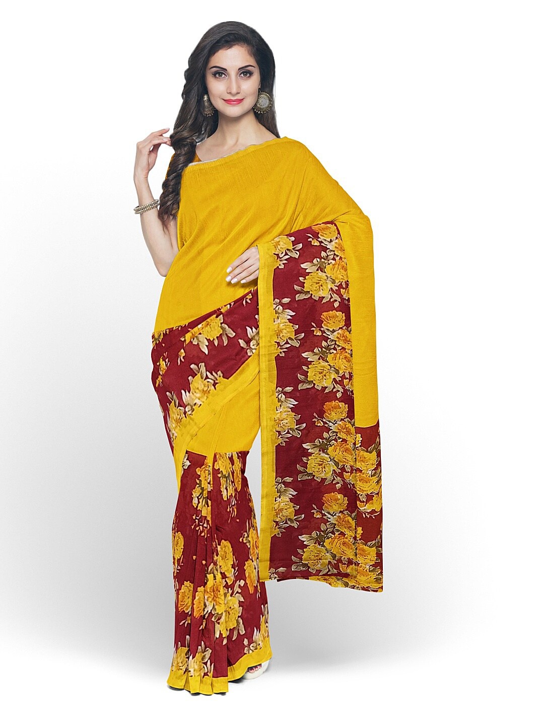 

Florence Yellow & Red Floral Pure Georgette Fusion Dharmavaram Saree