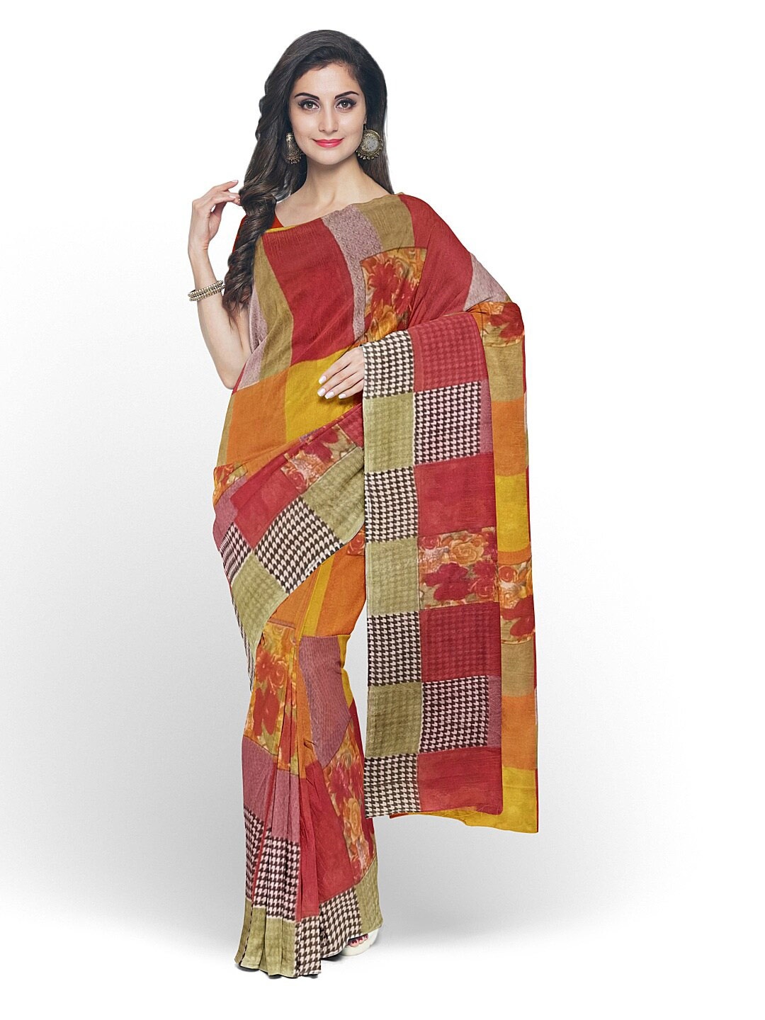 

Florence Red & Yellow Floral Pure Georgette Fusion Dharmavaram Saree