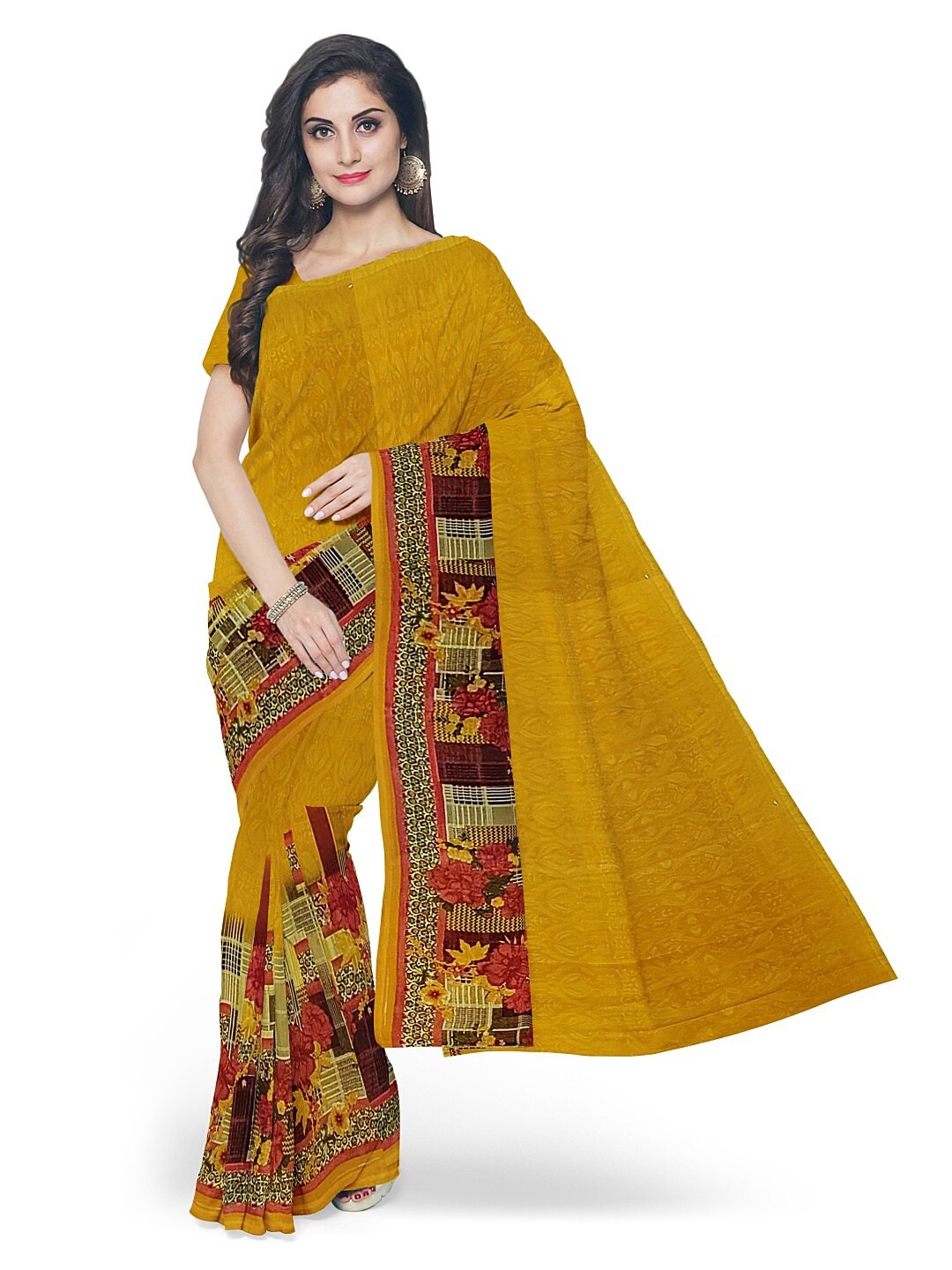 

Florence Yellow & Red Floral Pure Georgette Fusion Dharmavaram Saree