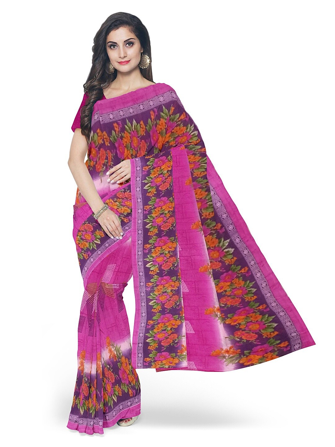 

Florence Women Pink & Orange Floral Pure Georgette Fusion Dharmavaram Saree