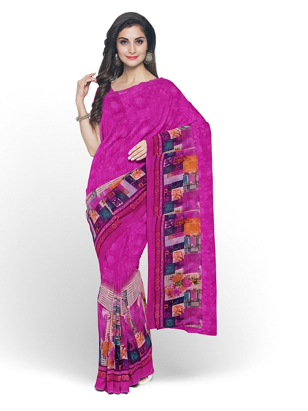 

Florence Pink & Blue Floral Pure Georgette Dharmavaram Saree