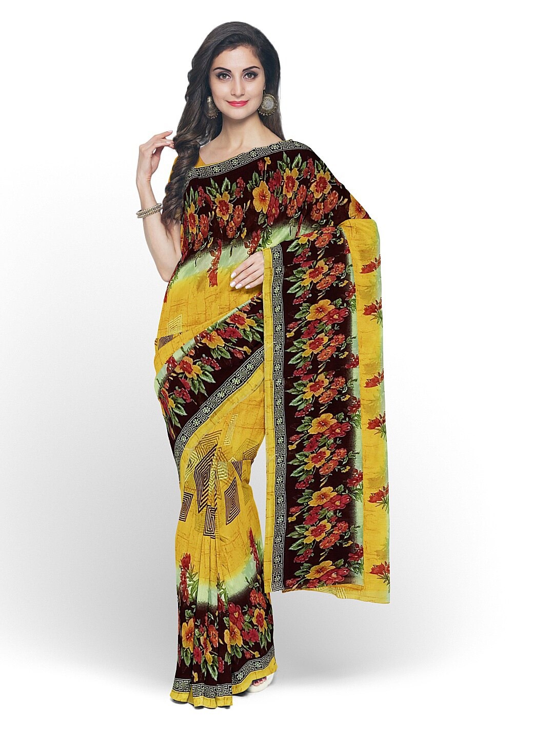 

Florence Yellow & Black Floral Pure Georgette Dharmavaram Saree