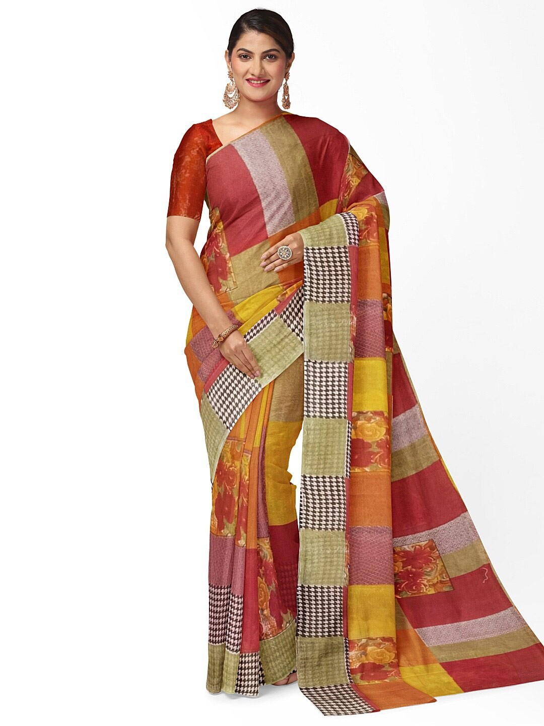 

Florence Red & Yellow Floral Pure Georgette Fusion Dharmavaram Saree