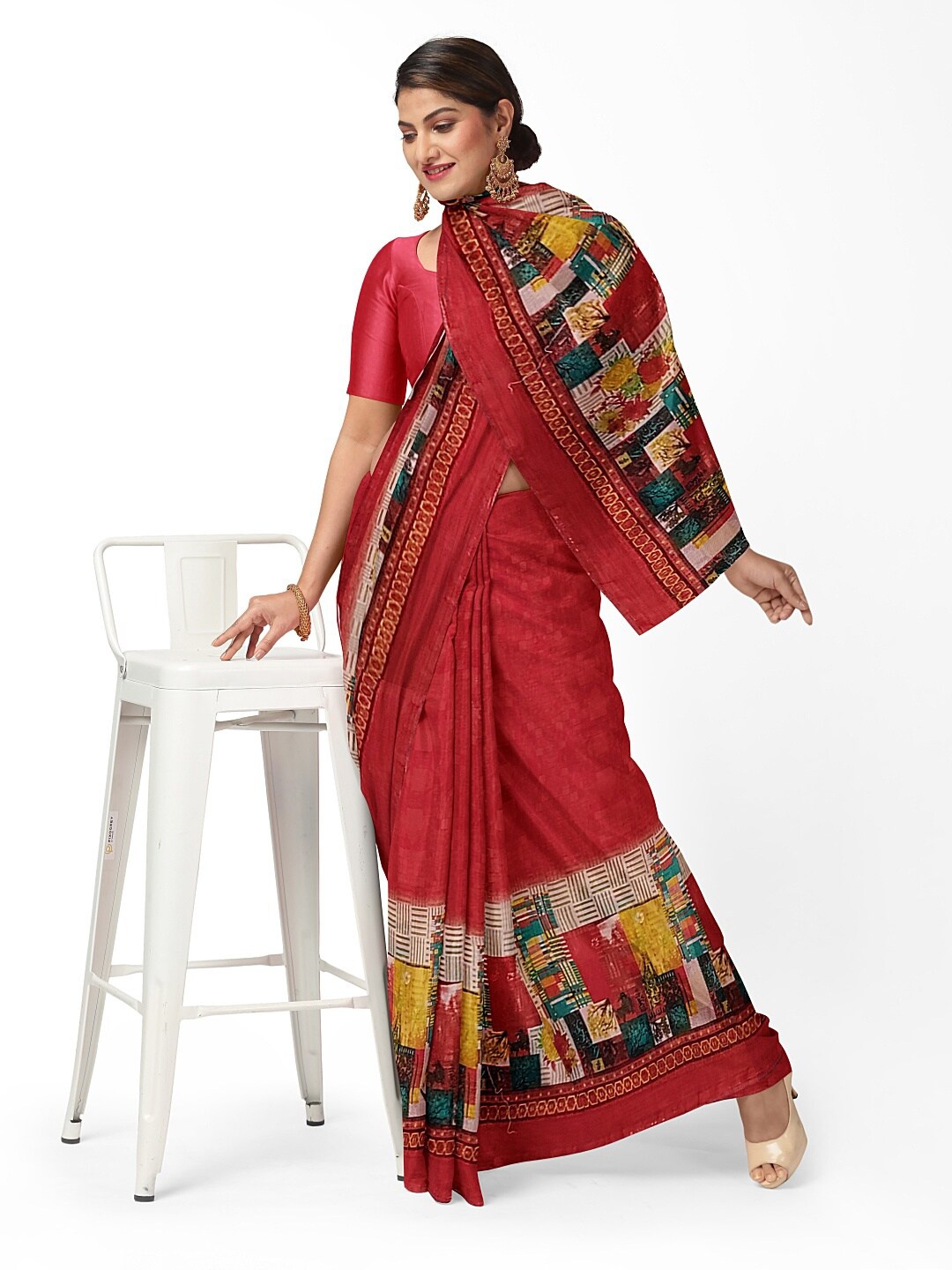 Florence Peach-Coloured Floral Pure Georgette Fusion Dharmavaram Saree