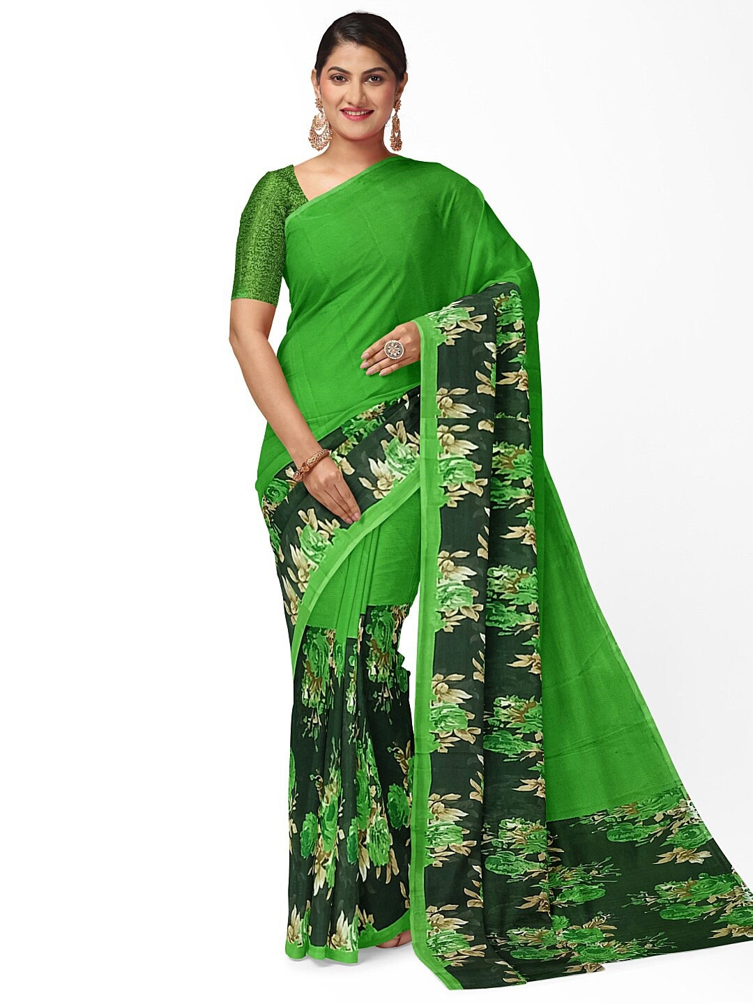 

Florence Green & Brown Floral Pure Georgette Fusion Dharmavaram Saree