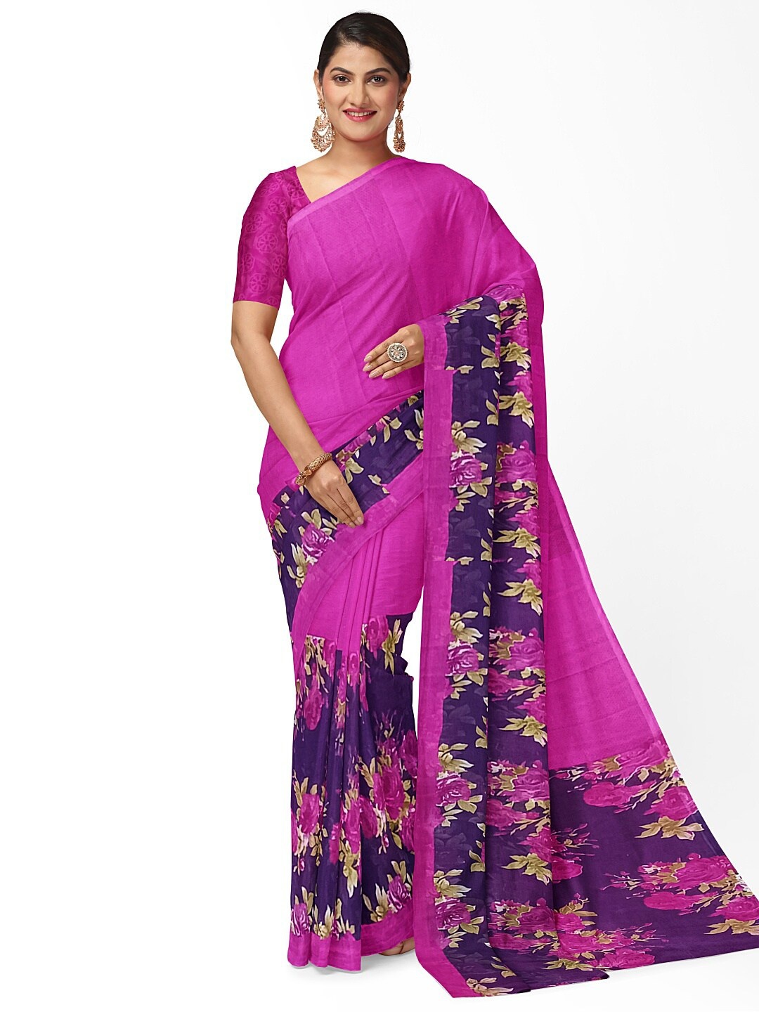 Florence Pink & Navy Blue Floral Pure Georgette Fusion Dharmavaram Saree