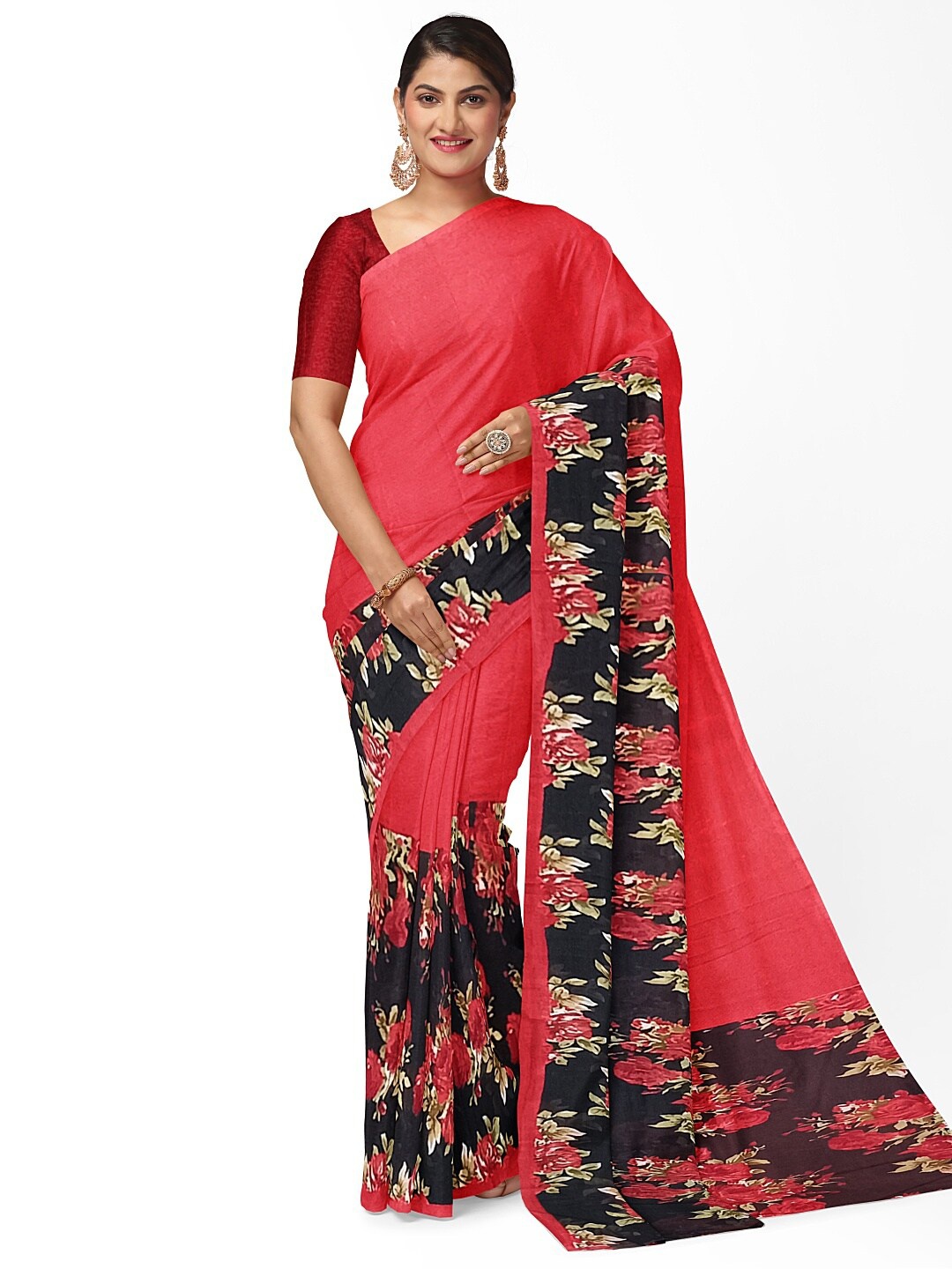 

Florence Red & Black Floral Pure Georgette Fusion Dharmavaram Saree