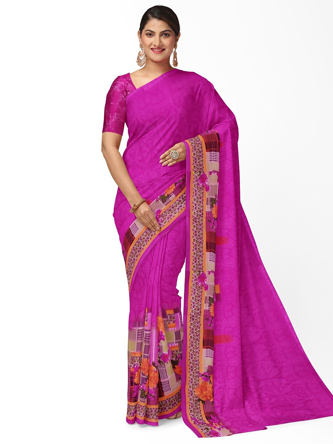 

Florence Pink & Yellow Floral Pure Georgette Fusion Dharmavaram Saree