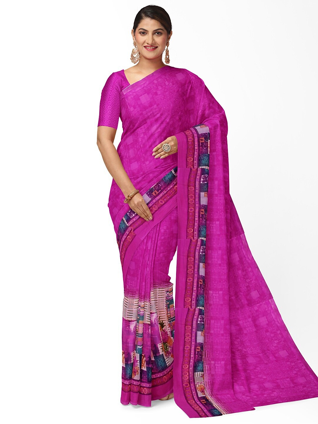 

Florence Pink & Blue Colourblocked Pure Georgette Fusion Dharmavaram Saree