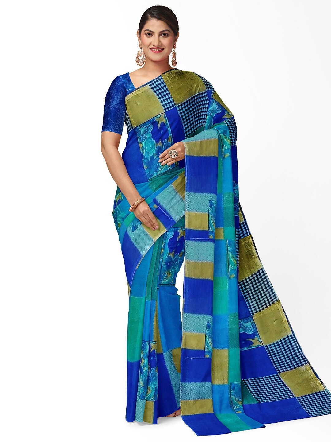 

Florence Blue & Beige Ethnic Motifs Pure Georgette Fusion Dharmavaram Saree