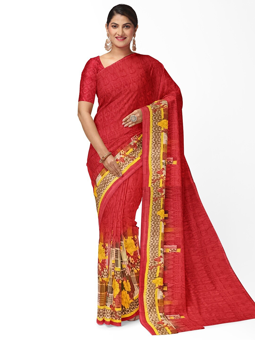 

KALINI Women Red & Yellow Floral Pure Georgette Fusion Dharmavaram Saree