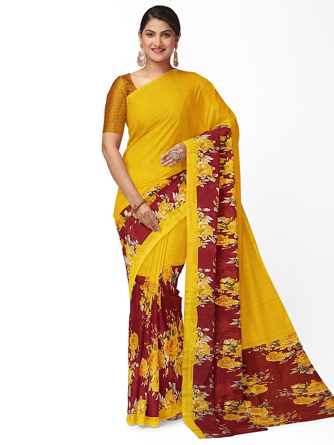 

KALINI Yellow & Maroon Floral Pure Georgette Fusion Dharmavaram Saree