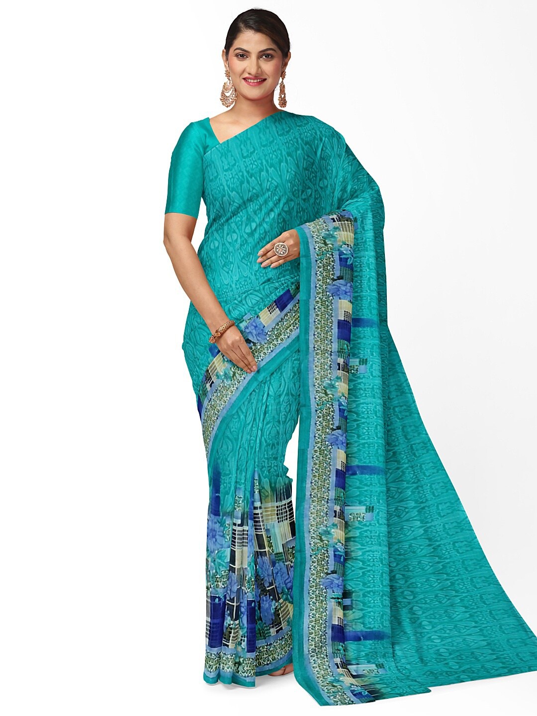 

KALINI Teal & Blue Floral Pure Georgette Fusion Dharmavaram Saree