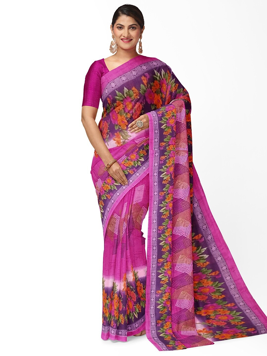 

KALINI Pink & Orange Floral Pure Georgette Dharmavaram Saree