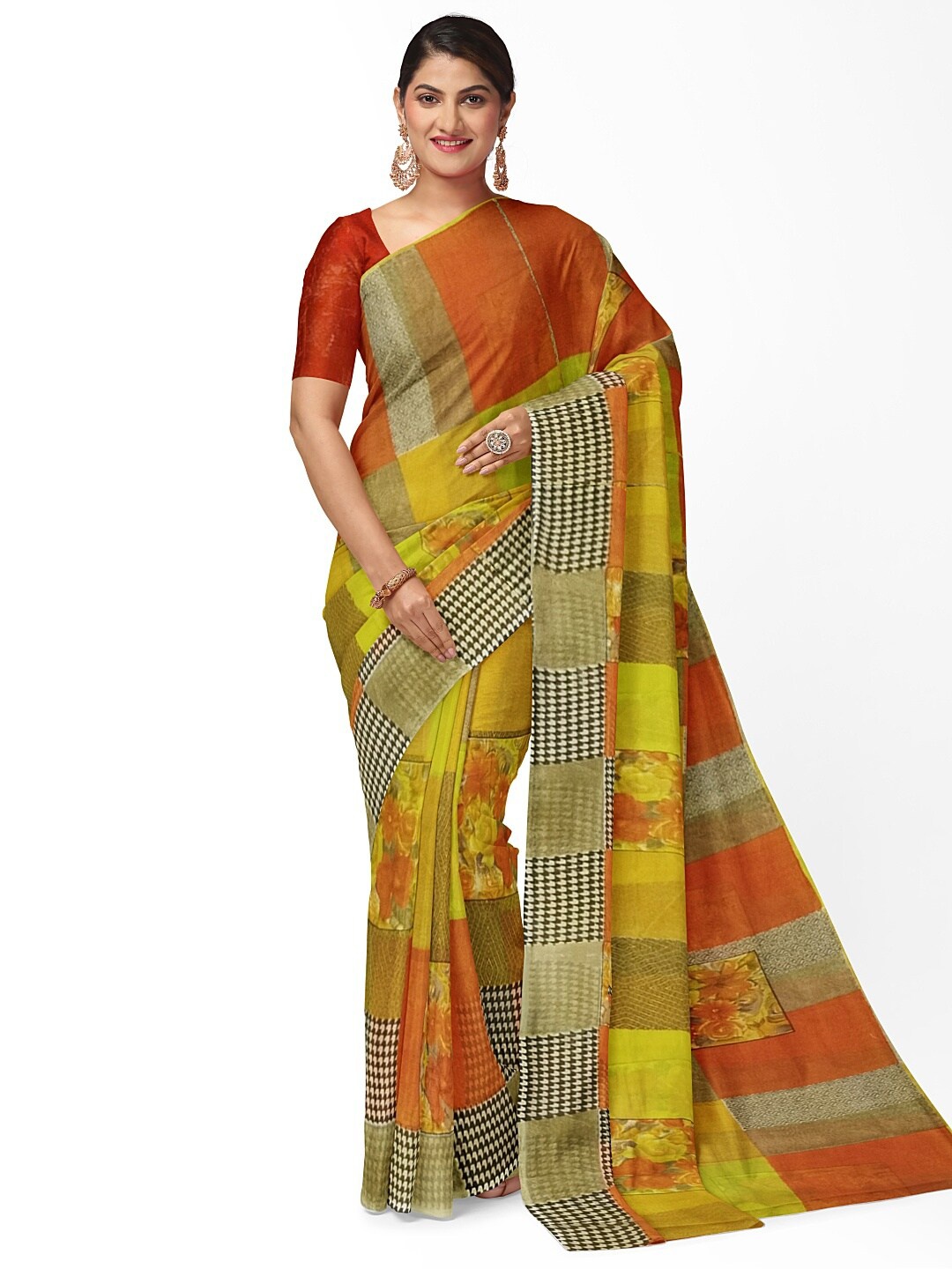 

KALINI Yellow & Green Ethnic Motifs Pure Georgette Dharmavaram Saree