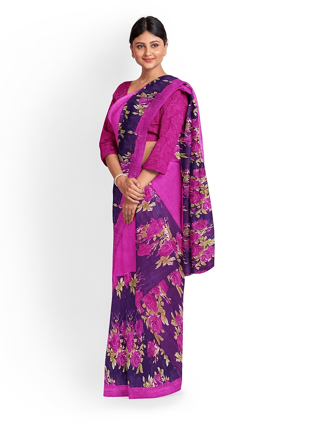 

Florence Pink & Blue Floral Pure Georgette Fusion Dharmavaram Saree