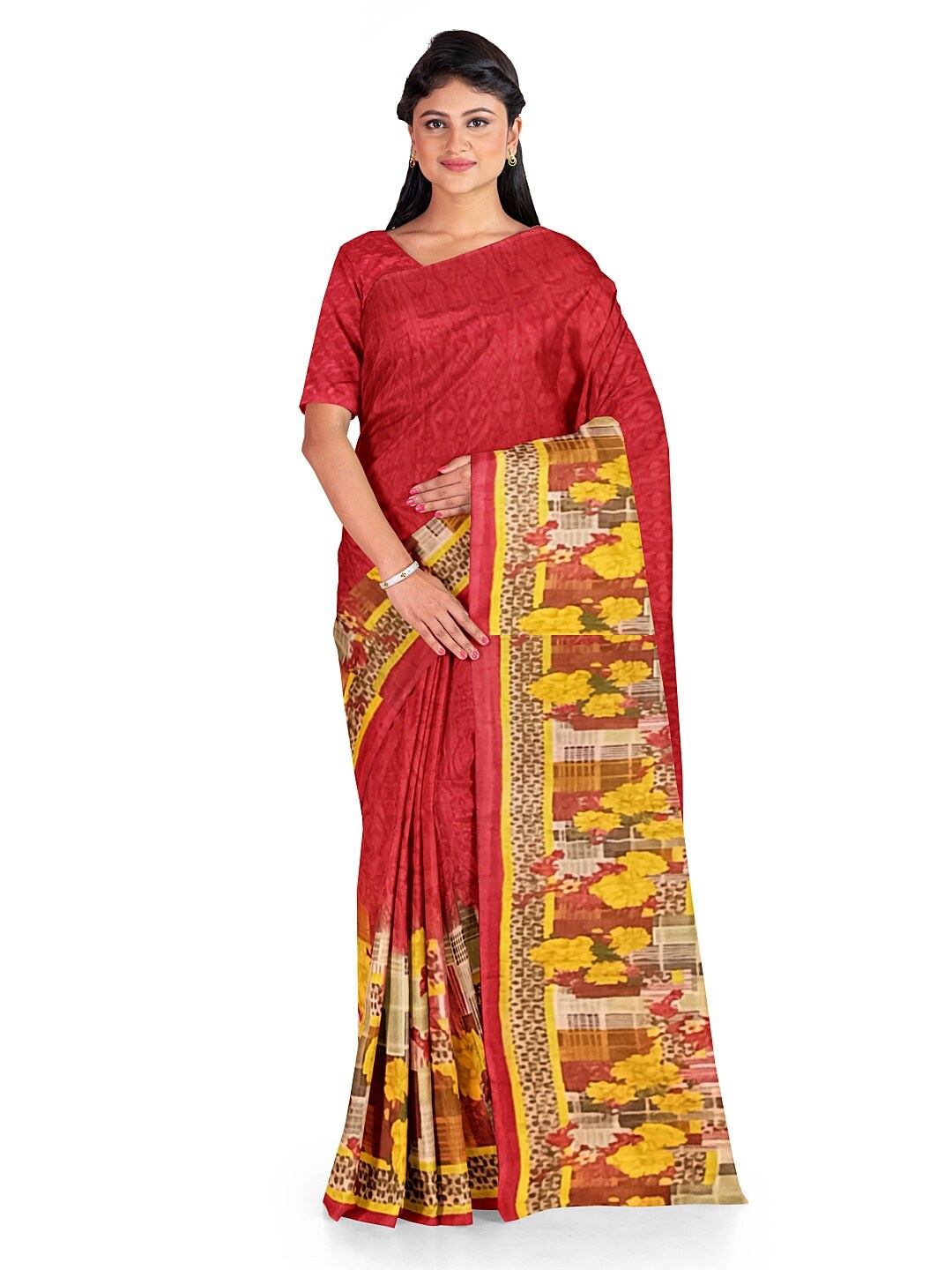 

Florence Red & Yellow Floral Pure Georgette Fusion Dharmavaram Saree