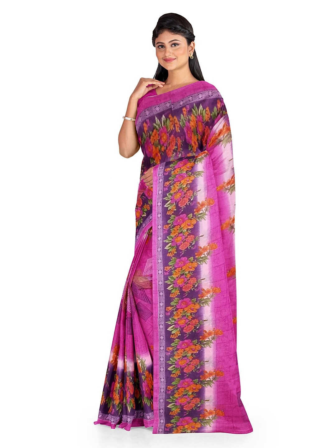 

Florence Pink & Violet Floral Pure Georgette Fusion Dharmavaram Saree