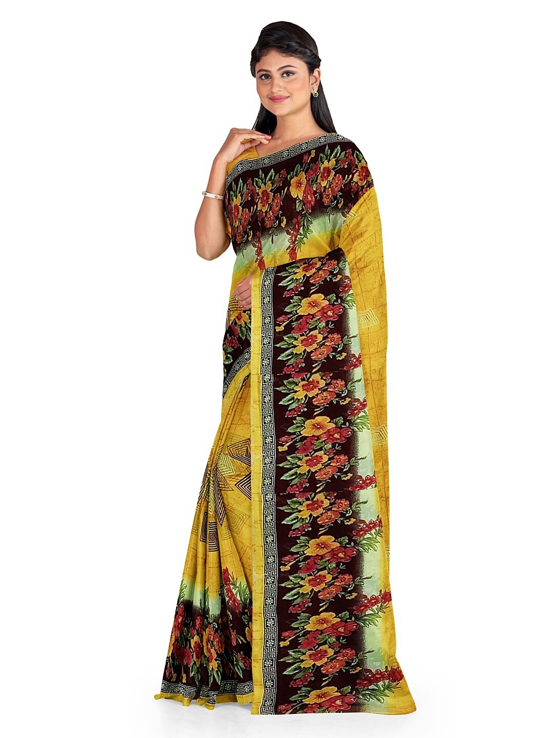 

Florence Yellow & Black Floral Pure Georgette Dharmavaram Saree