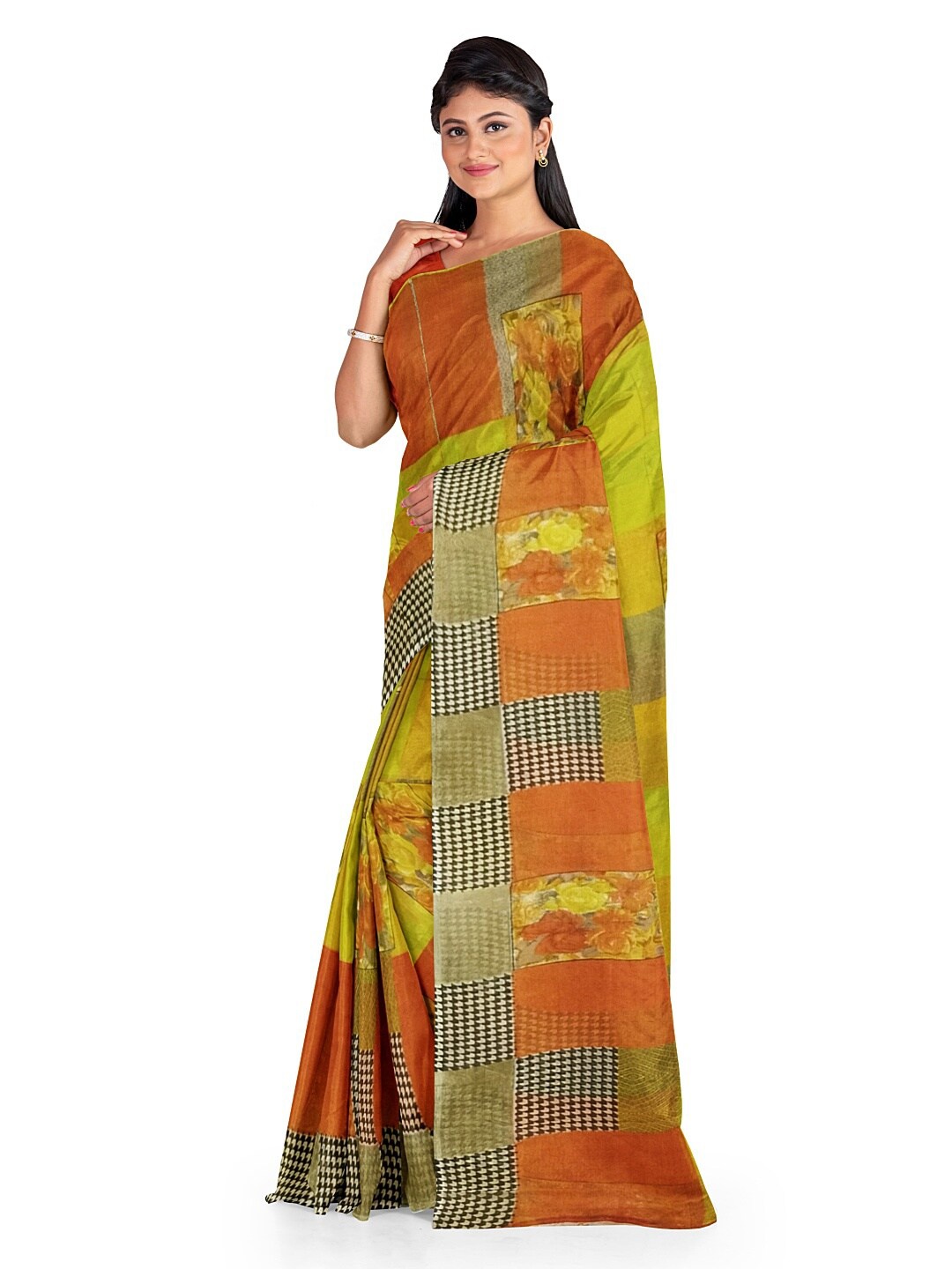 

Florence Yellow & Pink Floral Pure Georgette Fusion Dharmavaram Saree