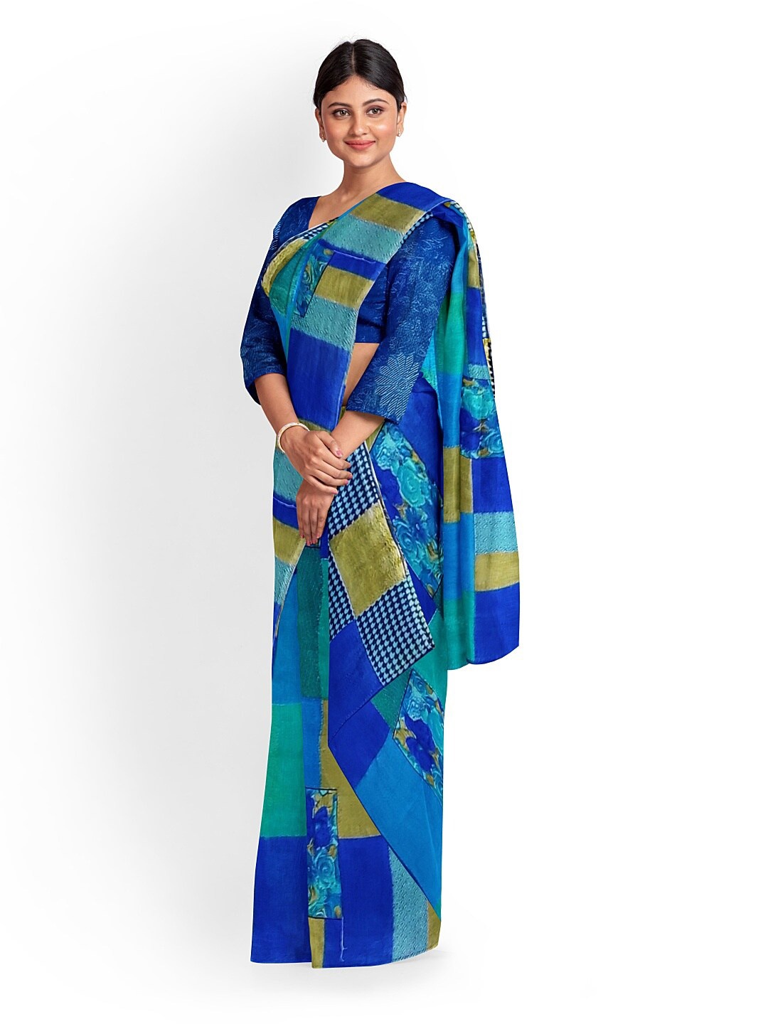 

Florence Blue & Beige Ethnic Motifs Pure Georgette Fusion Dharmavaram Saree