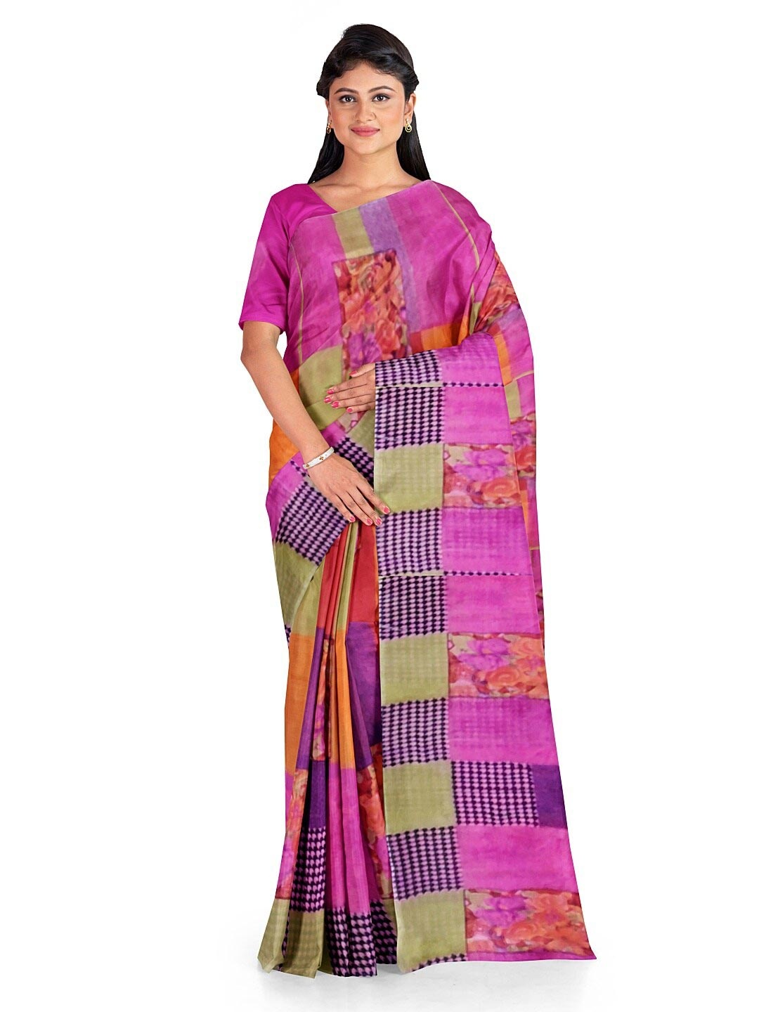 Florence Pink & Yellow Ethnic Motifs Pure Georgette Dharmavaram Saree